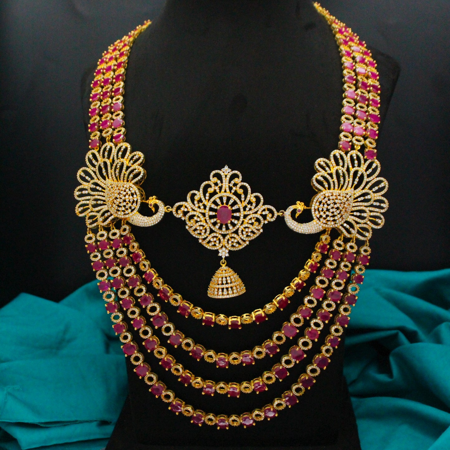 Gold Polish Double Peacock Ruby 3-Line Necklace Set SP-9136