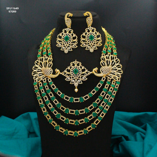 11649 Cz 3 Layers Peacock Green Bridal Necklace Set
