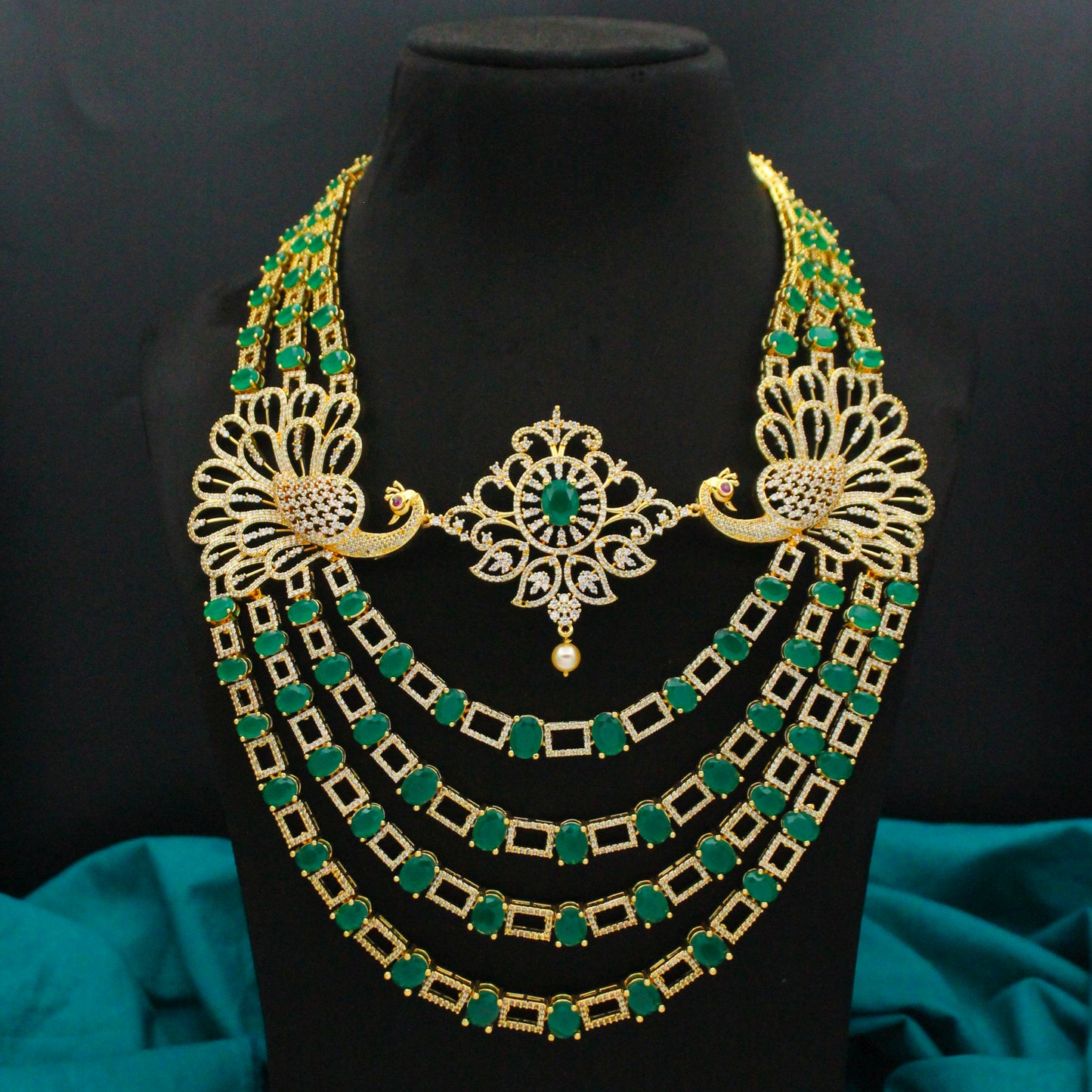 11649 Cz 3 Layers Peacock Green Bridal Necklace Set