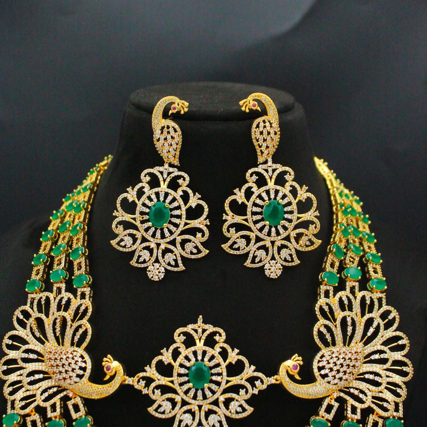 11649 Cz 3 Layers Peacock Green Bridal Necklace Set