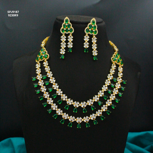 9187 GP 2 Lines 3/4th Necklace Set Green
