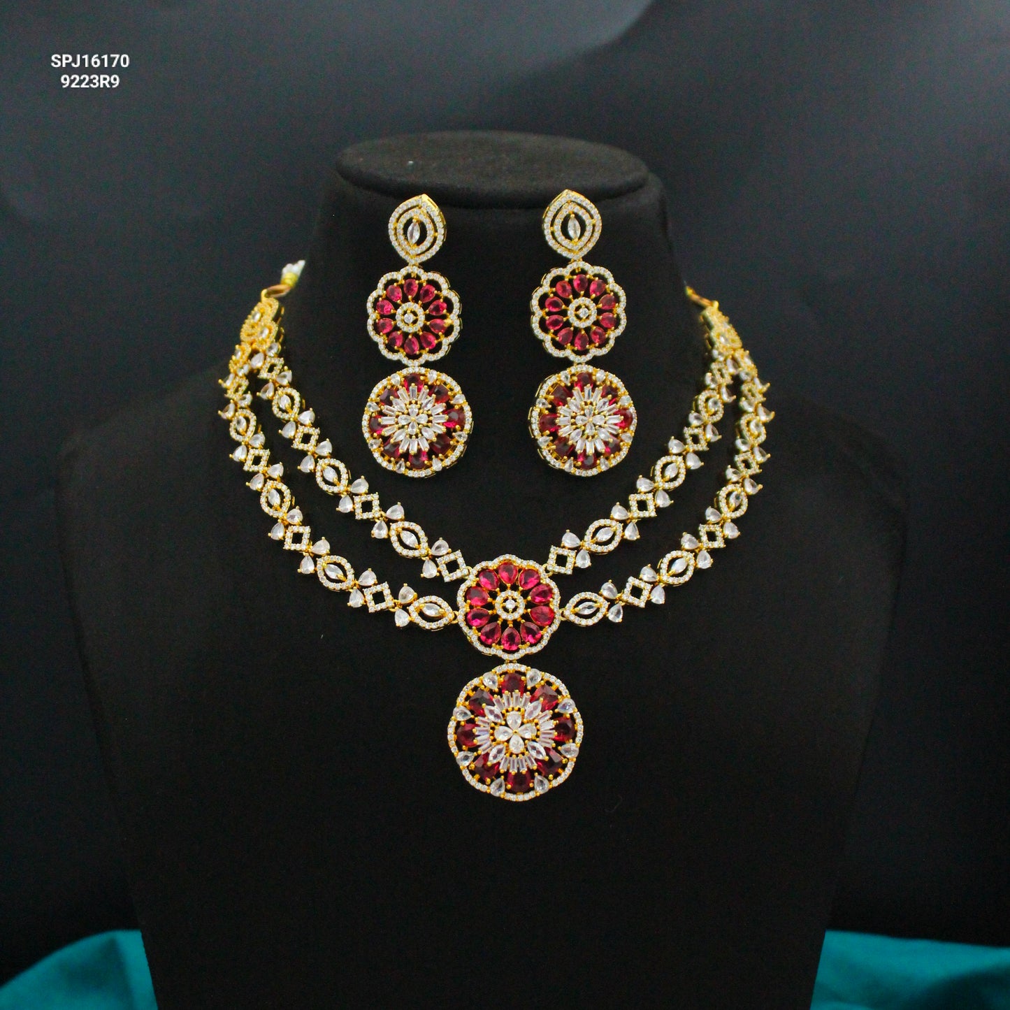 Gold Polish 2-Layer Red Stone Necklace Set with Earrings & Maang Tikka SP-16170