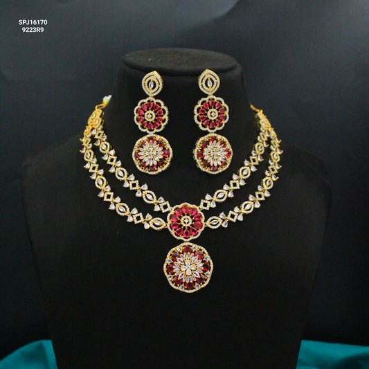 16170 Gold Polish CZ/ AD stone 2 layered necklace with red stones, earrings and Mangtikka