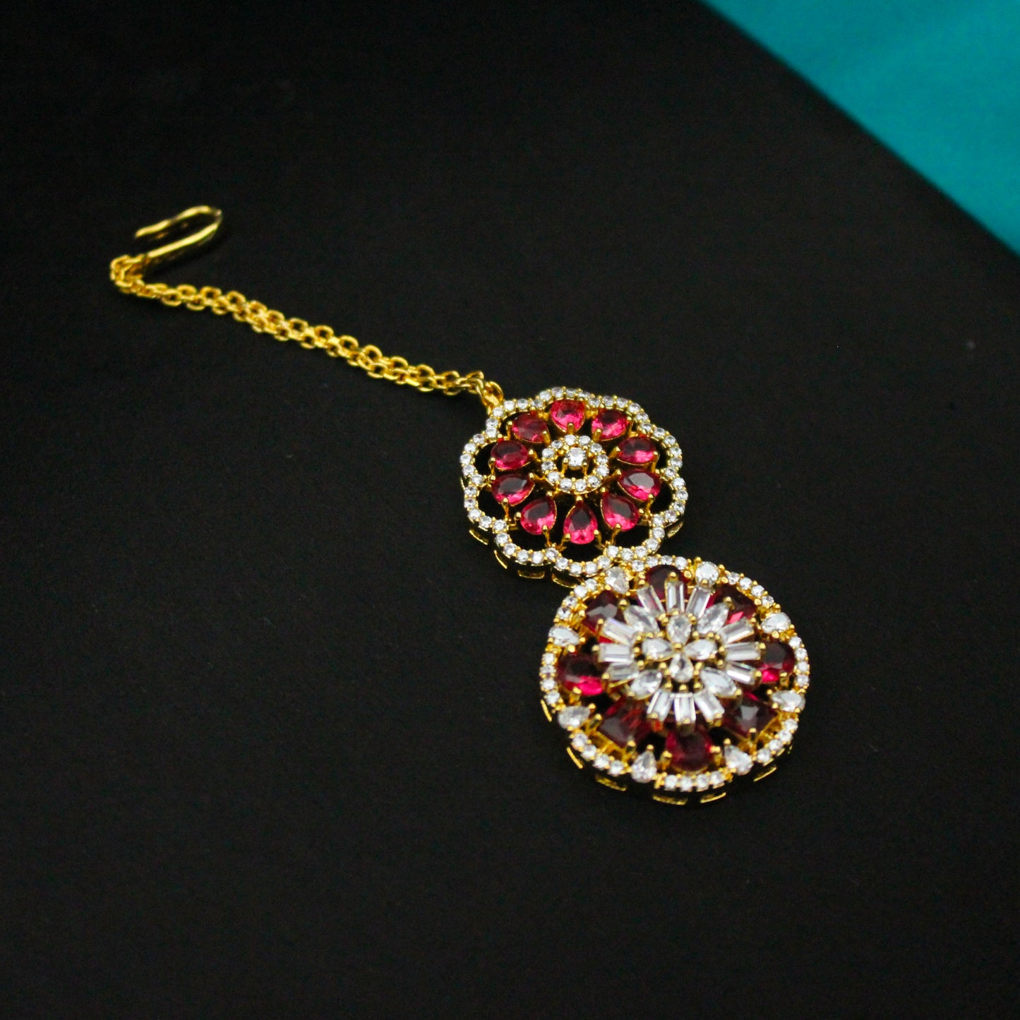 Gold Polish 2-Layer Red Stone Necklace Set with Earrings & Maang Tikka SP-16170