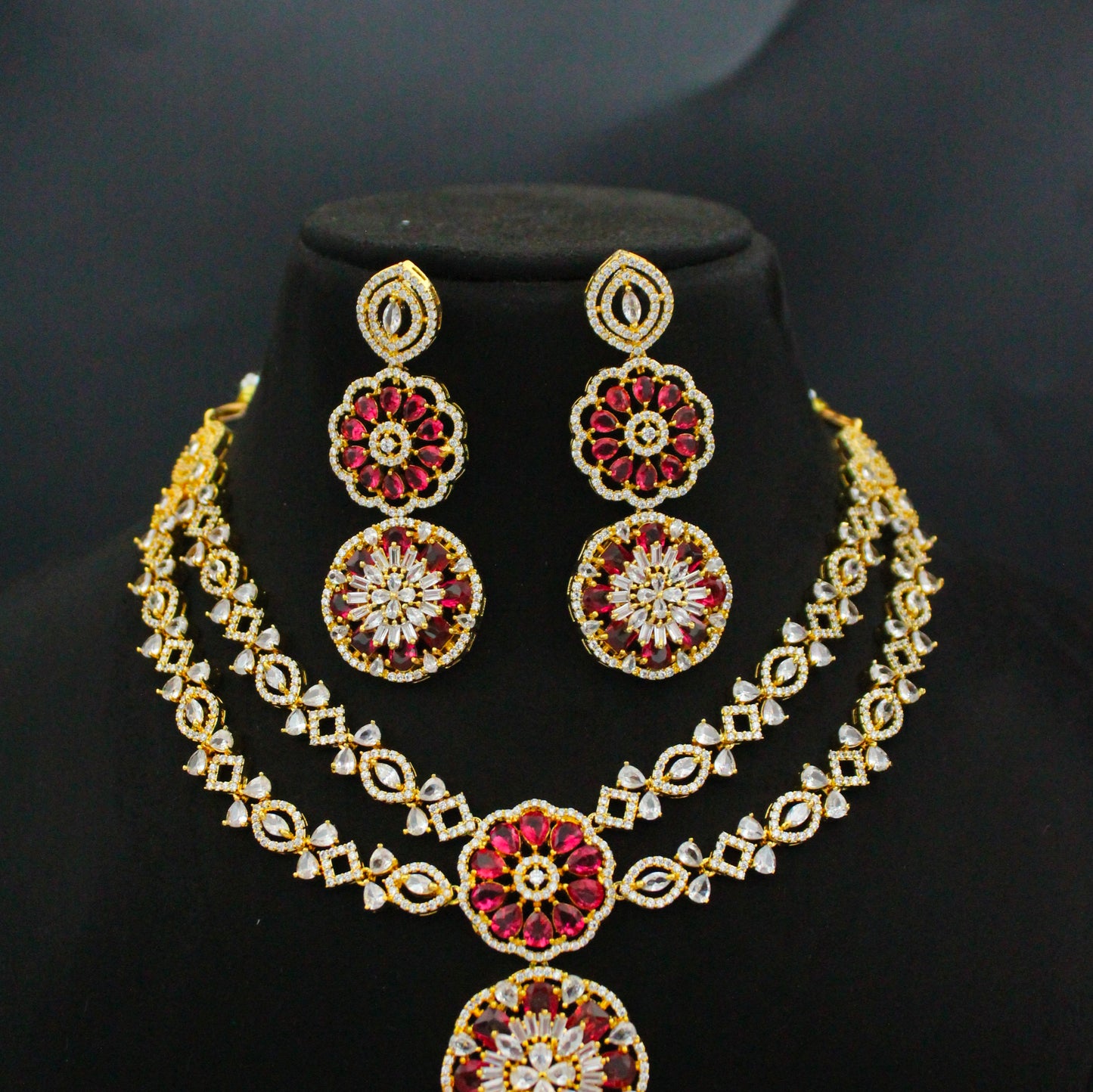 Gold Polish 2-Layer Red Stone Necklace Set with Earrings & Maang Tikka SP-16170