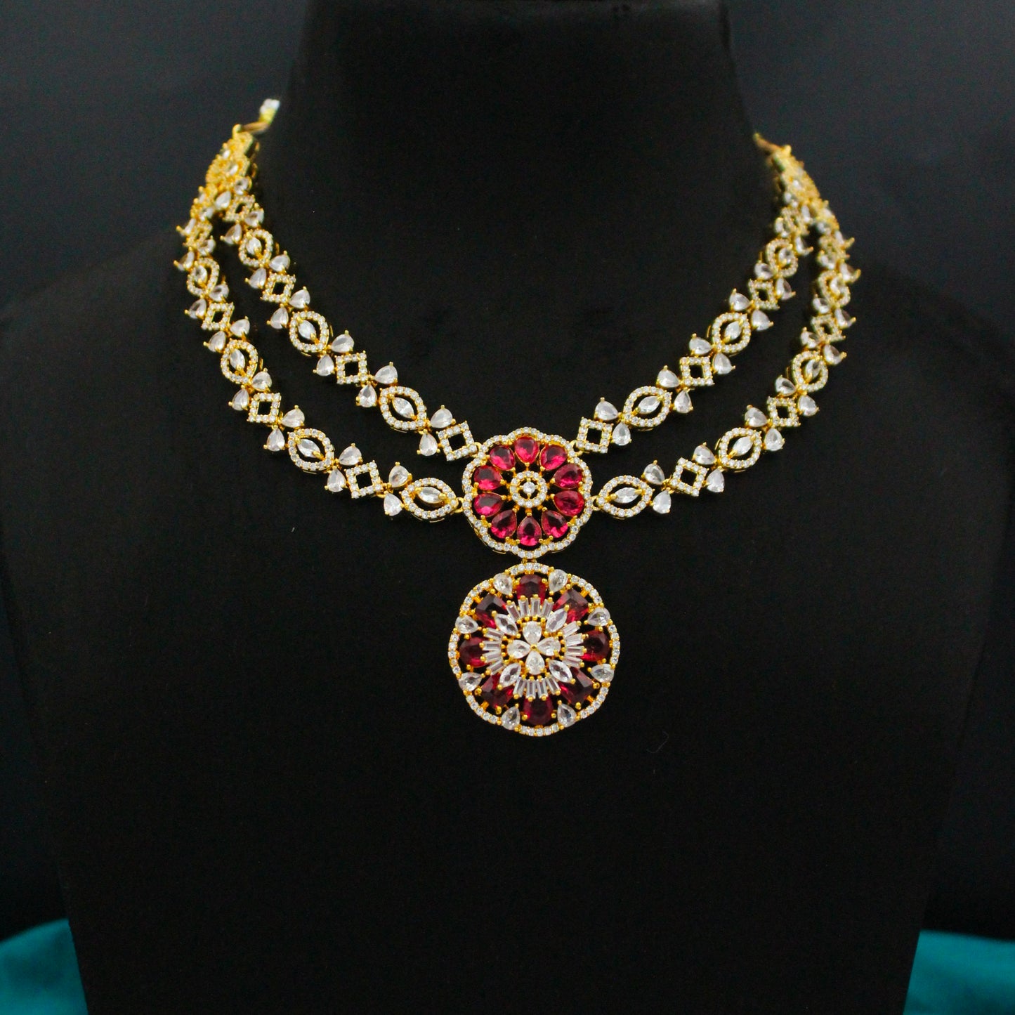 Gold Polish 2-Layer Red Stone Necklace Set with Earrings & Maang Tikka SP-16170