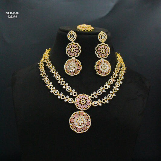 16168 2 Lines GP Short Light Pink Necklace Set
