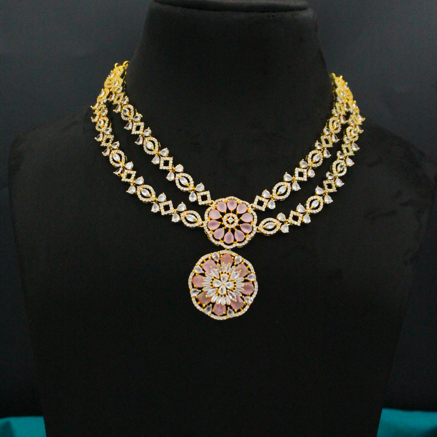Gold Polish Light Pink 2-Line Short Necklace Set SP-16168