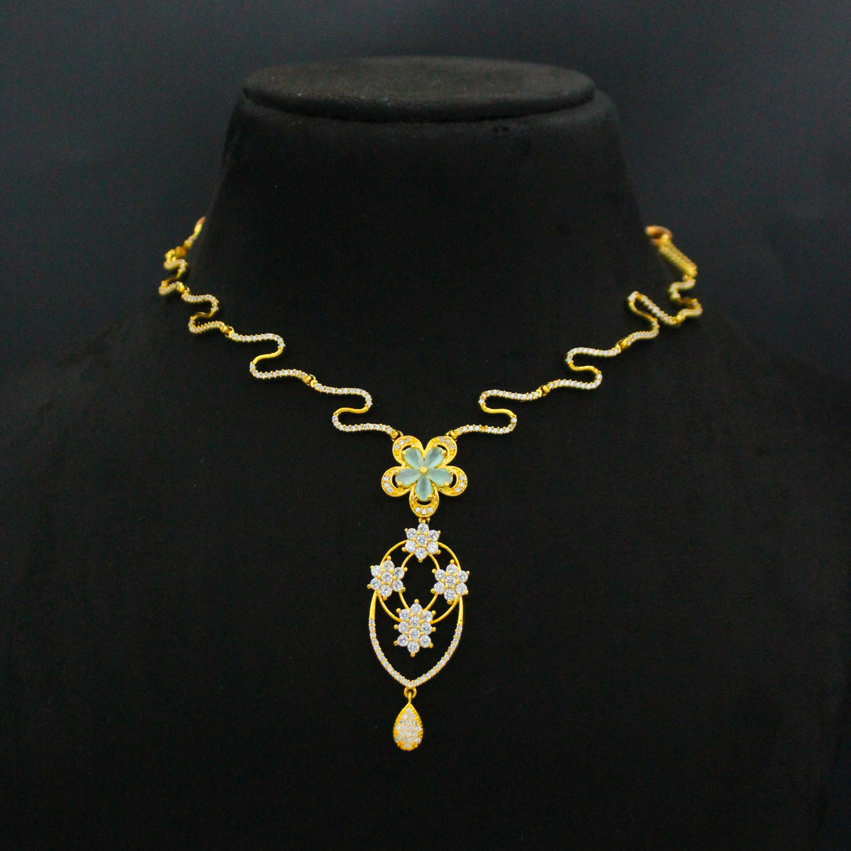 Gold Polish Mint Green AD Stone Short Necklace SP-19606