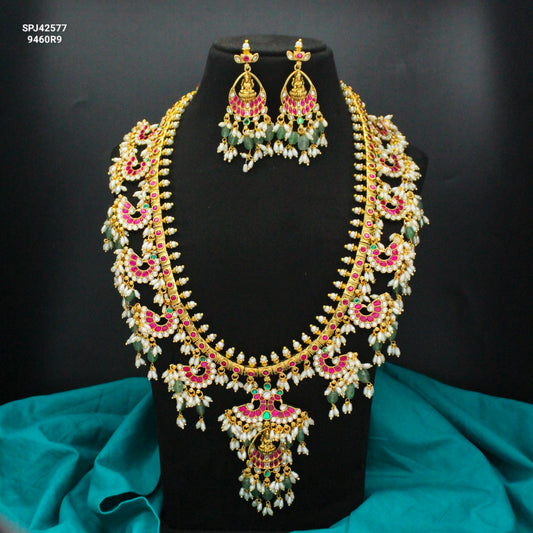 42577 Hand made gold design guttapusalu bridal Long necklace with Lakshmi locket and rice pearls