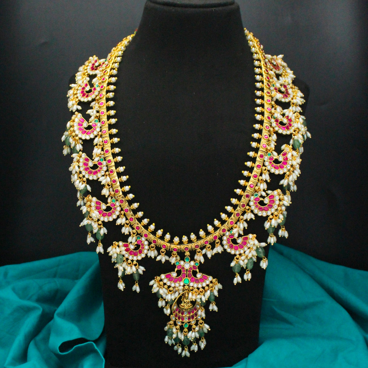 Hand Made Gold Design Guttapusalu Bridal Long Necklace with Lakshmi Locket and Rice Pearls – 42577