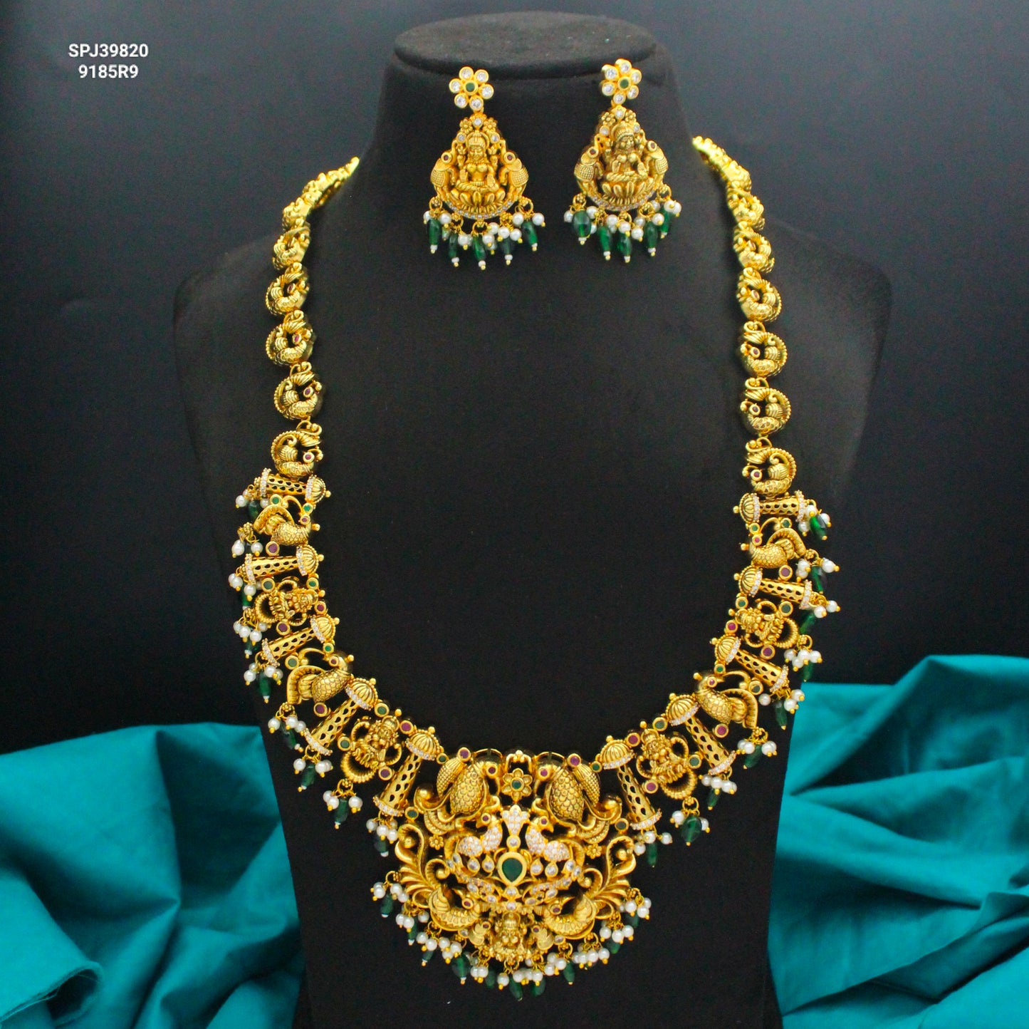 39820 Nakshi Peacock Long Necklace Set Green Beads