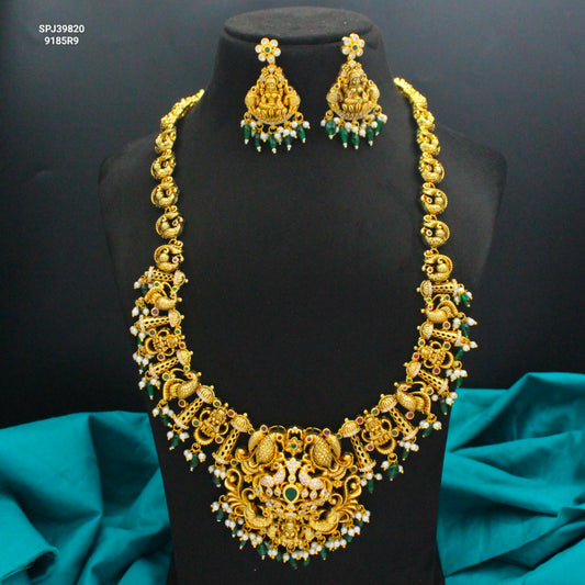 39820 Nakshi Peacock Long Necklace Set Green Beads