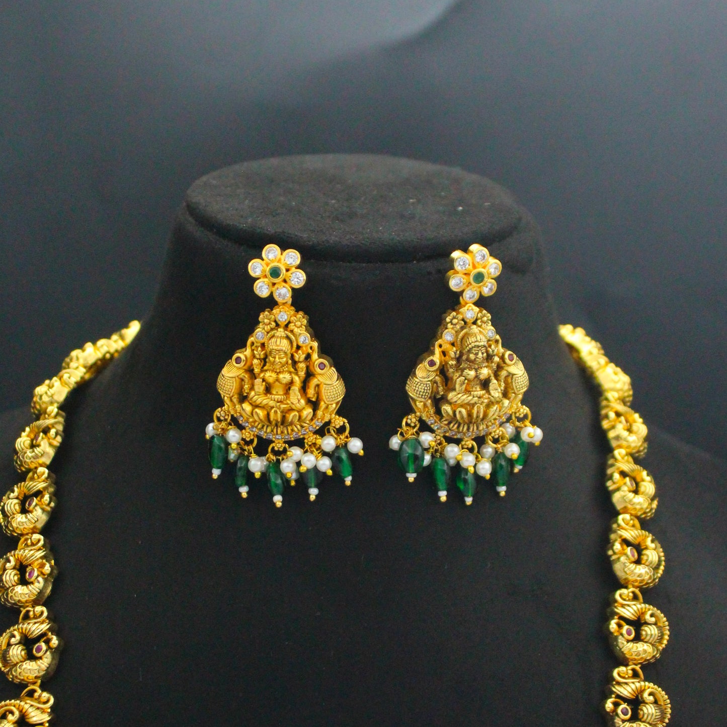 39820 Nakshi Peacock Long Necklace Set Green Beads