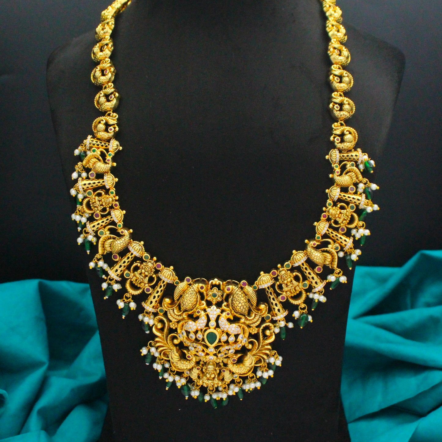 39820 Nakshi Peacock Long Necklace Set Green Beads