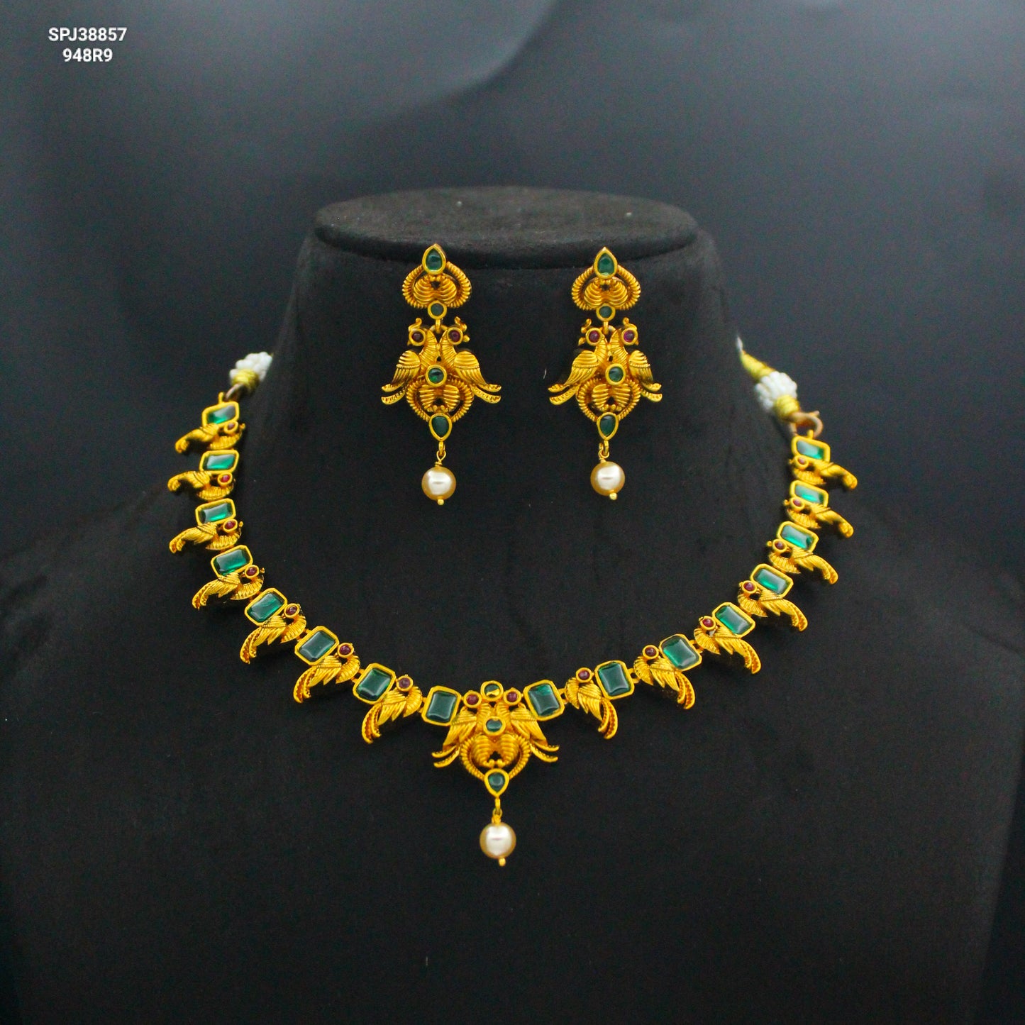 Peacock Pota Stone Short Necklace Set with Studs SP-38857