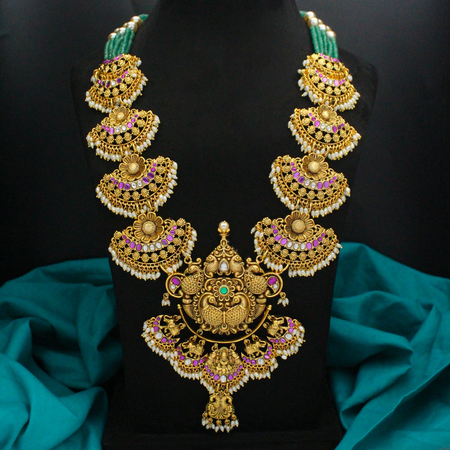 42648 Jadau Nakshi Laxmi Long Necklace Set With Push Back Earrings