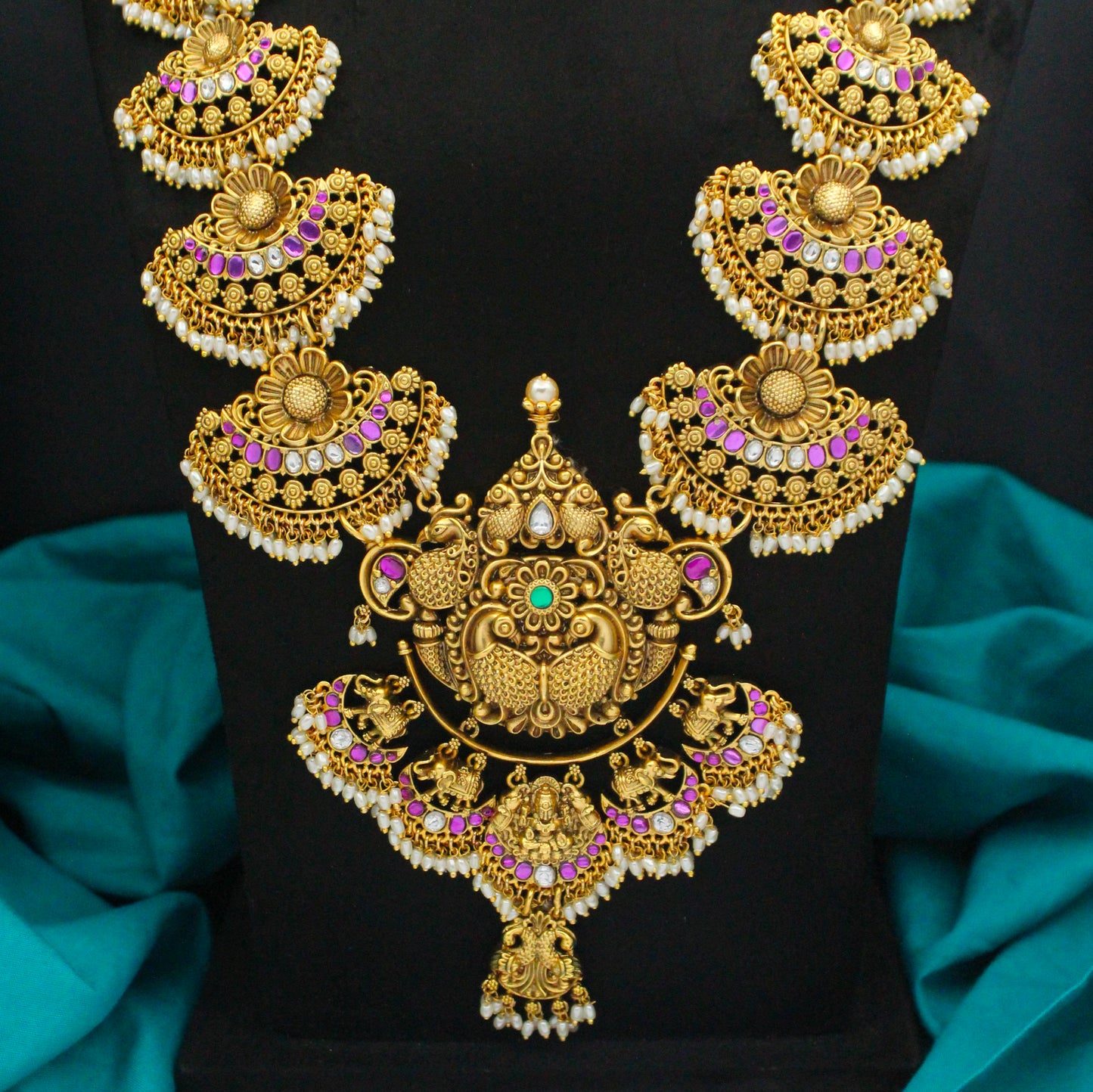 42648 Jadau Nakshi Laxmi Long Necklace Set With Push Back Earrings