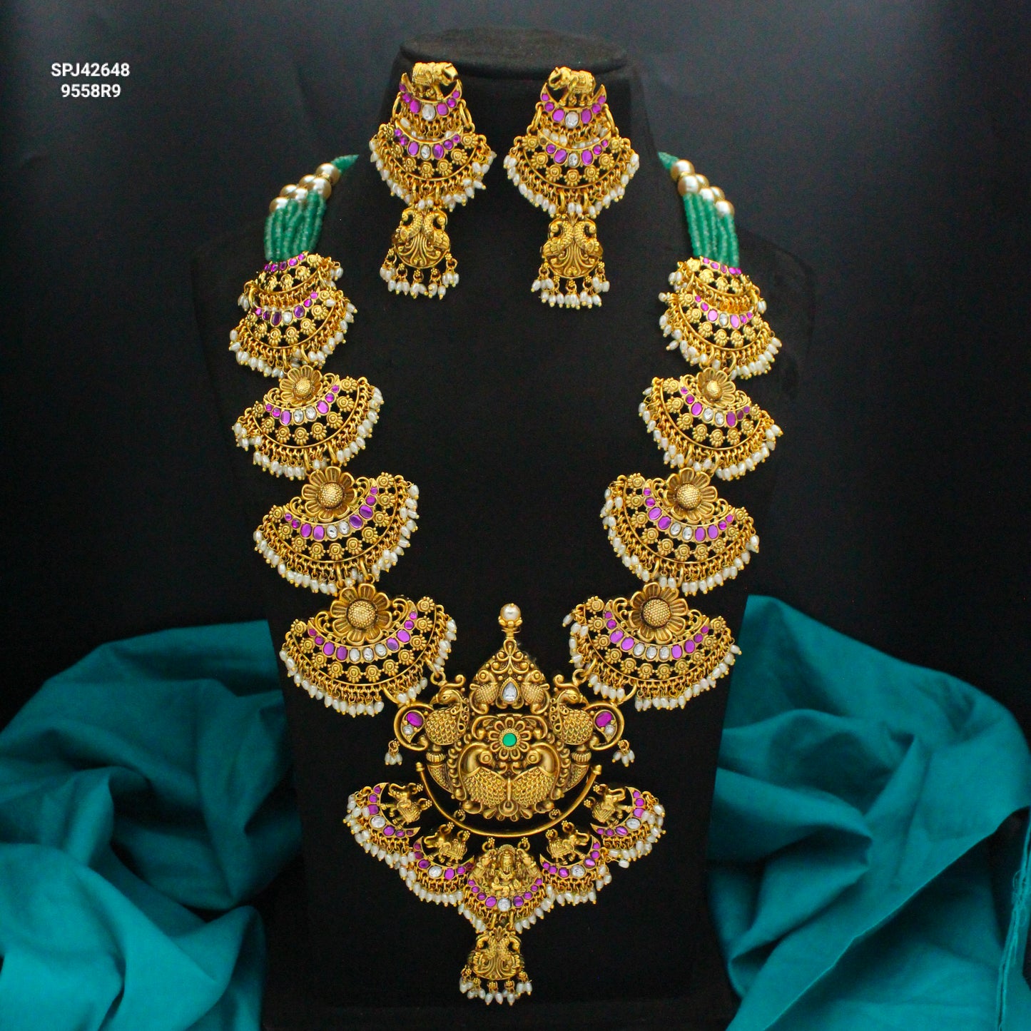 42648 Jadau Nakshi Laxmi Long Necklace Set With Push Back Earrings
