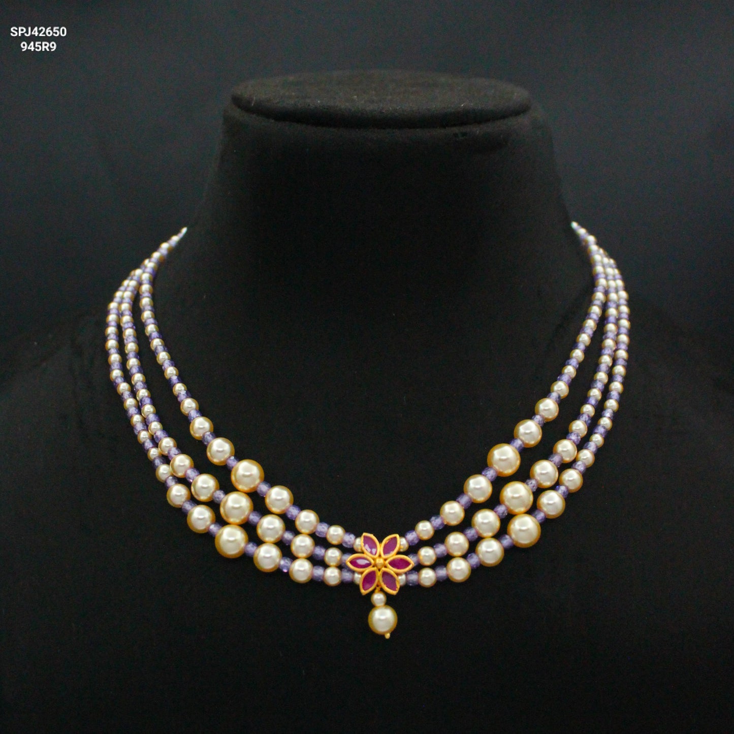 42650 3 Lines Swarovski Pearls & Purple Beads Mala