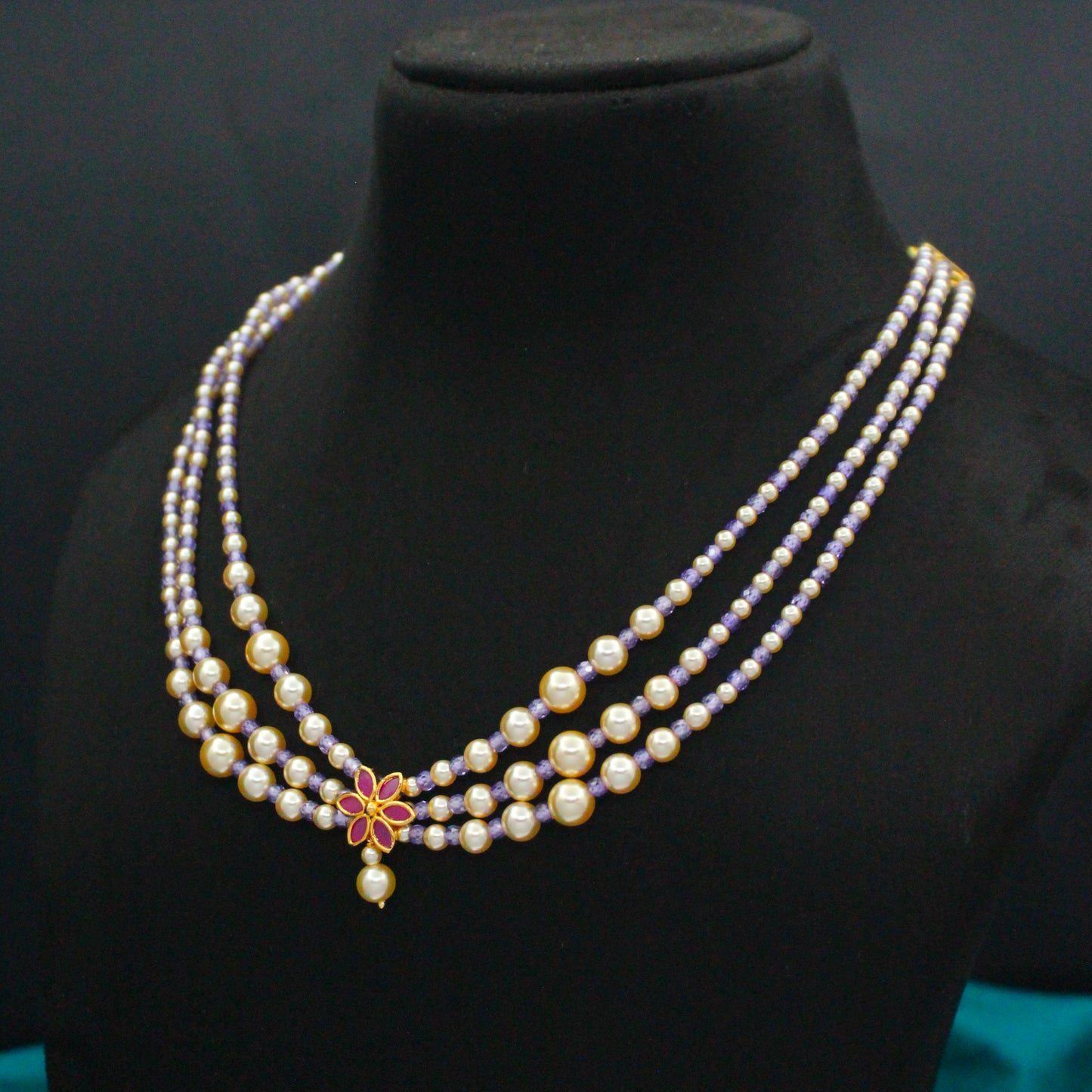 42650 3 Lines Swarovski Pearls & Purple Beads Mala