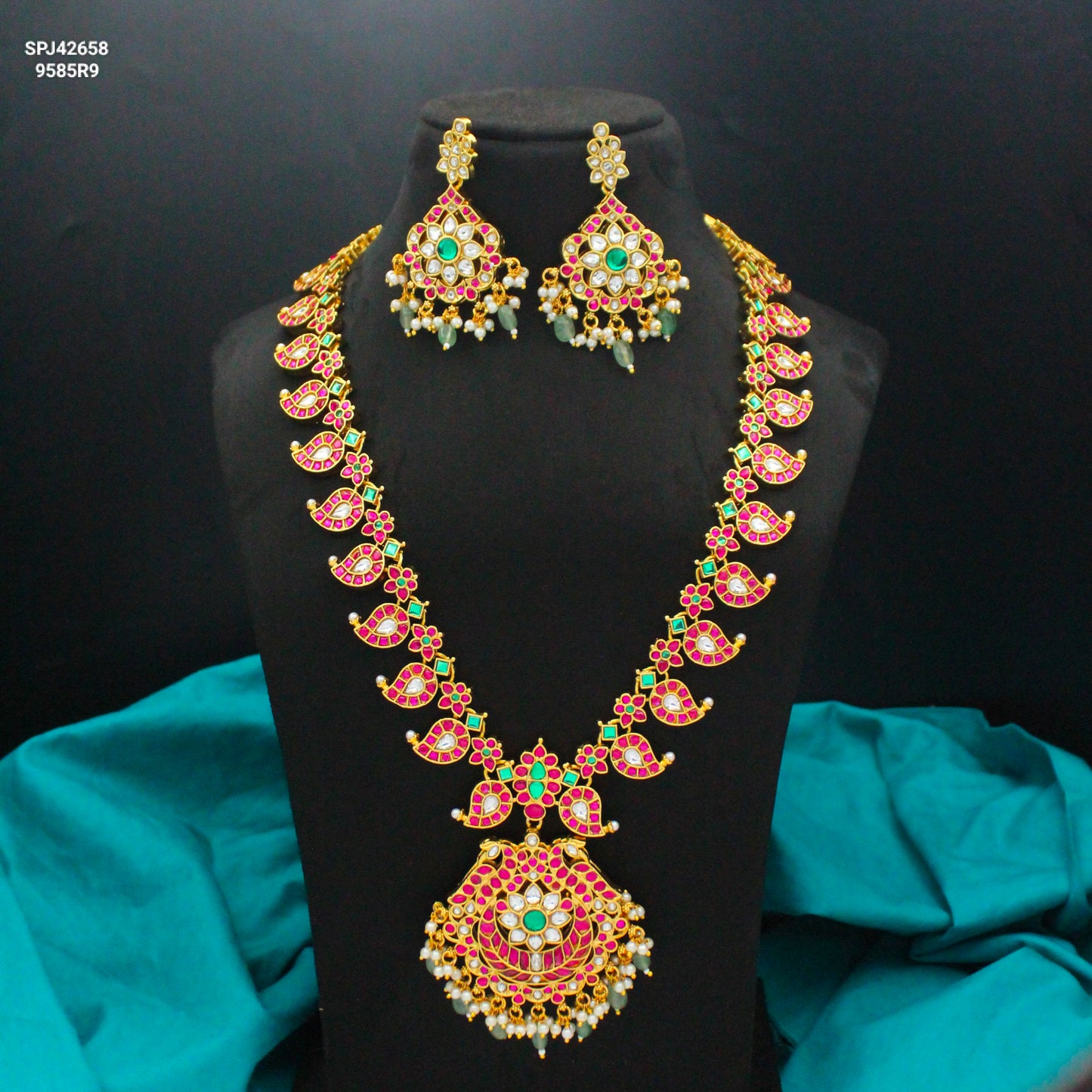 42658 Jadau Mango 2 In 1 Long Necklace Set With Push Back Earrings