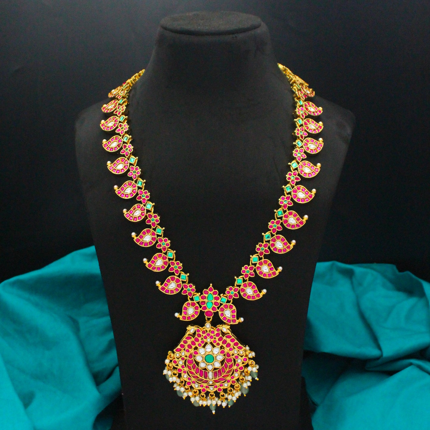 42658 Jadau Mango 2 In 1 Long Necklace Set With Push Back Earrings