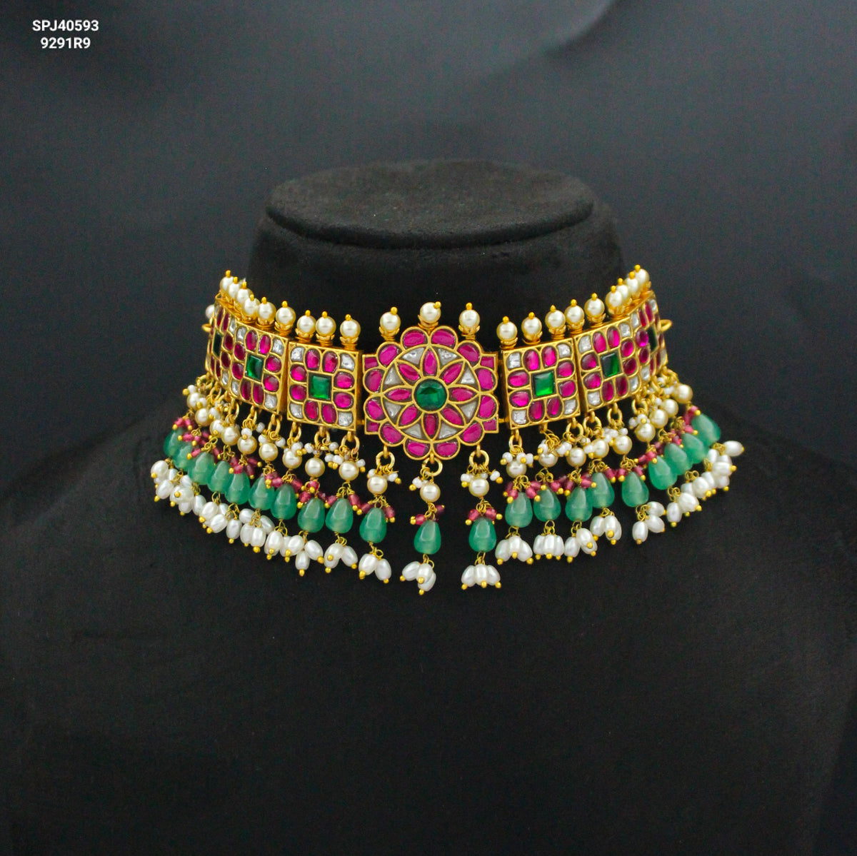 40593 Jadau Multi Flower Rice Pearls Choker