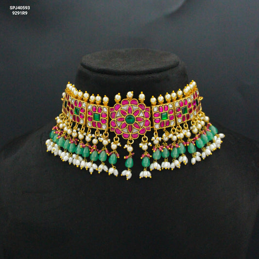 40593 Jadau Multi Flower Rice Pearls Choker