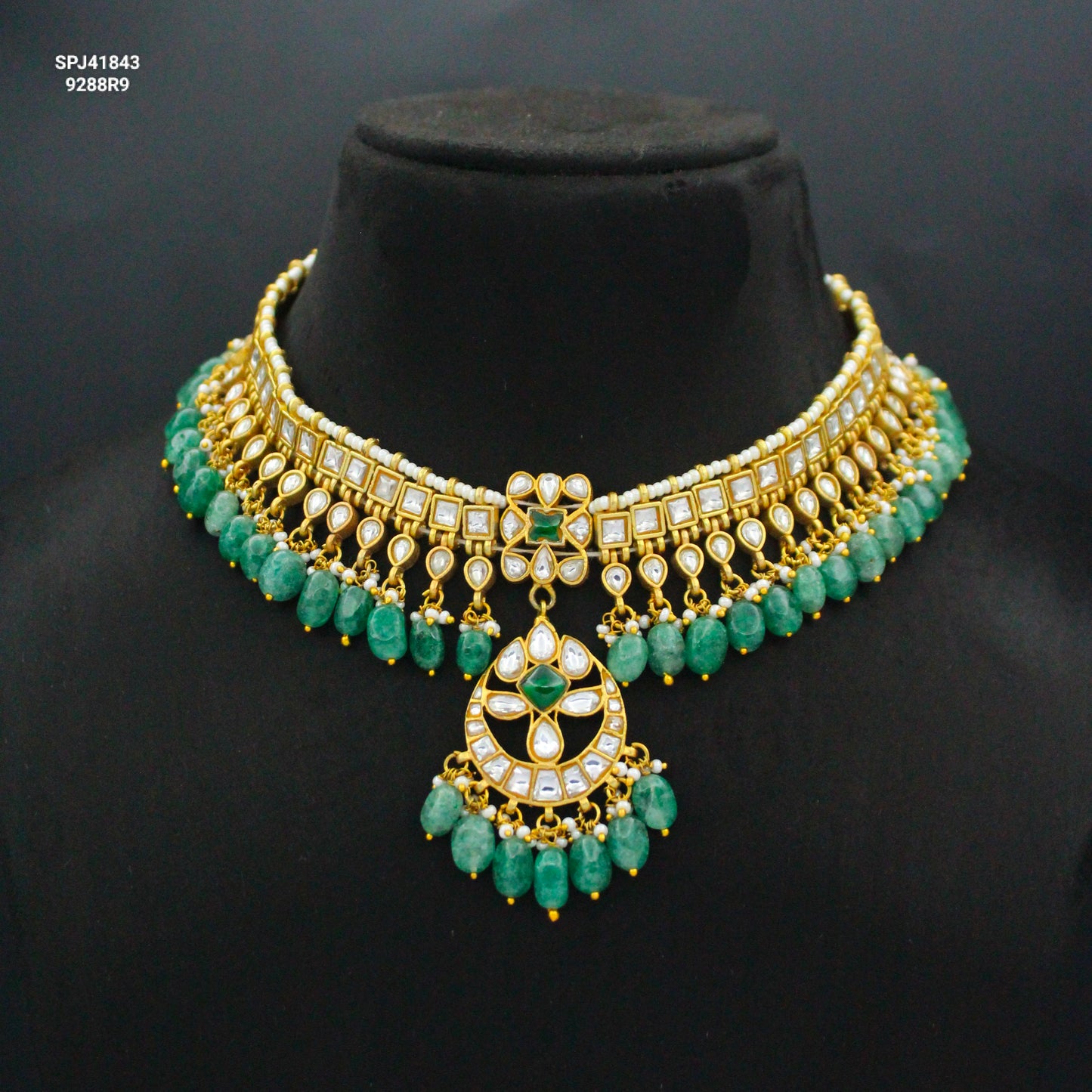 41843 Jadau Kundan White Short Necklace With Green Beads and Stone