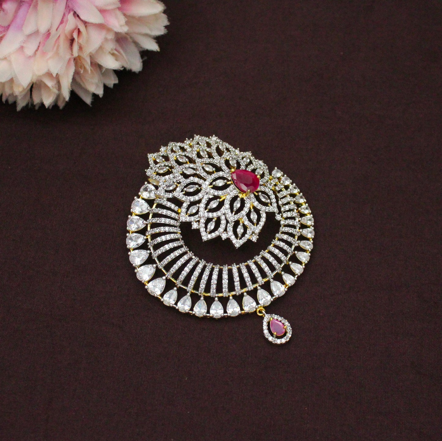 42773 Diamond Look Ruby Fancy Grand Pendant Set Non-Openable Hook Push Back Earrings