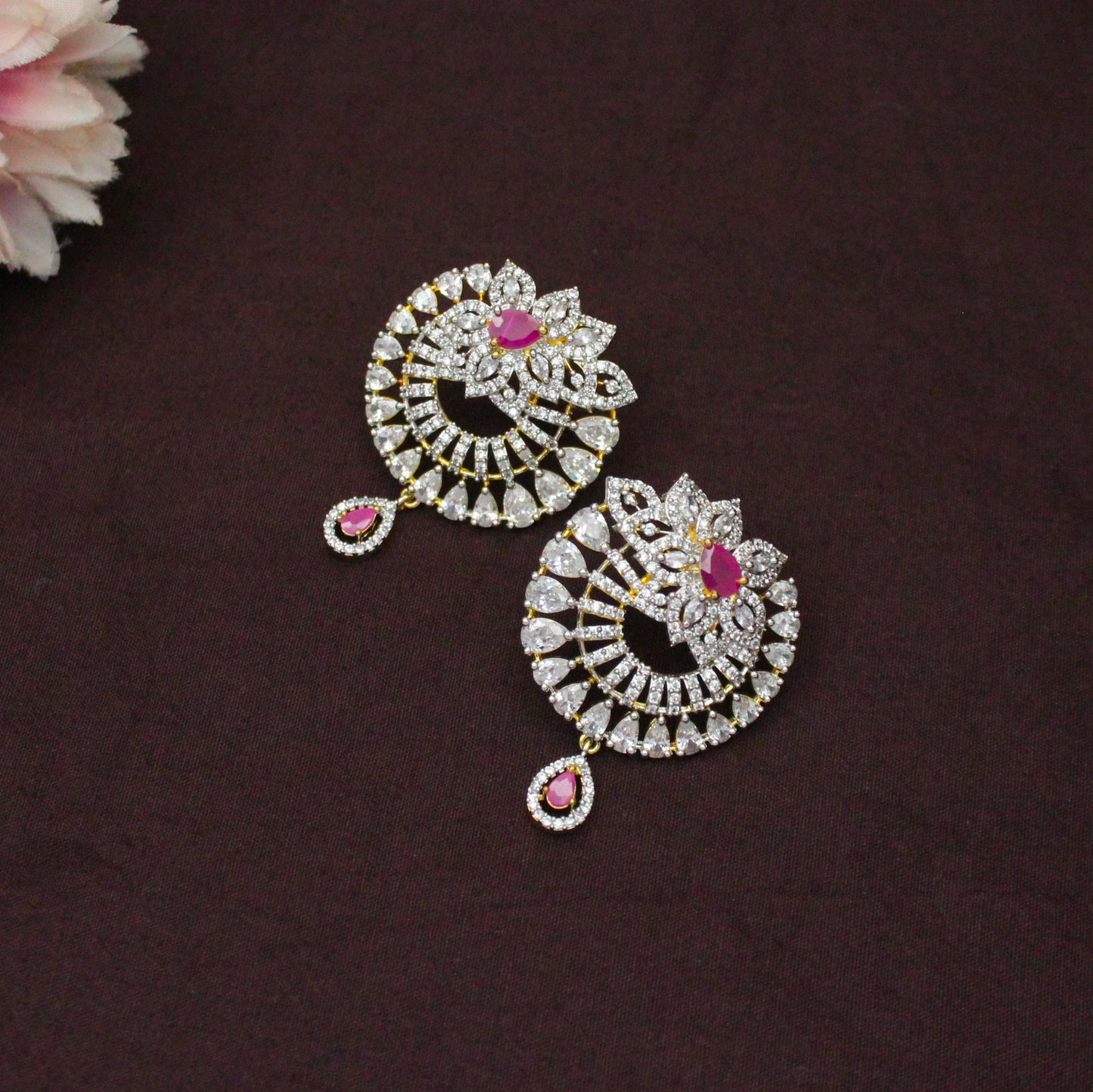 42773 Diamond Look Ruby Fancy Grand Pendant Set Non-Openable Hook Push Back Earrings