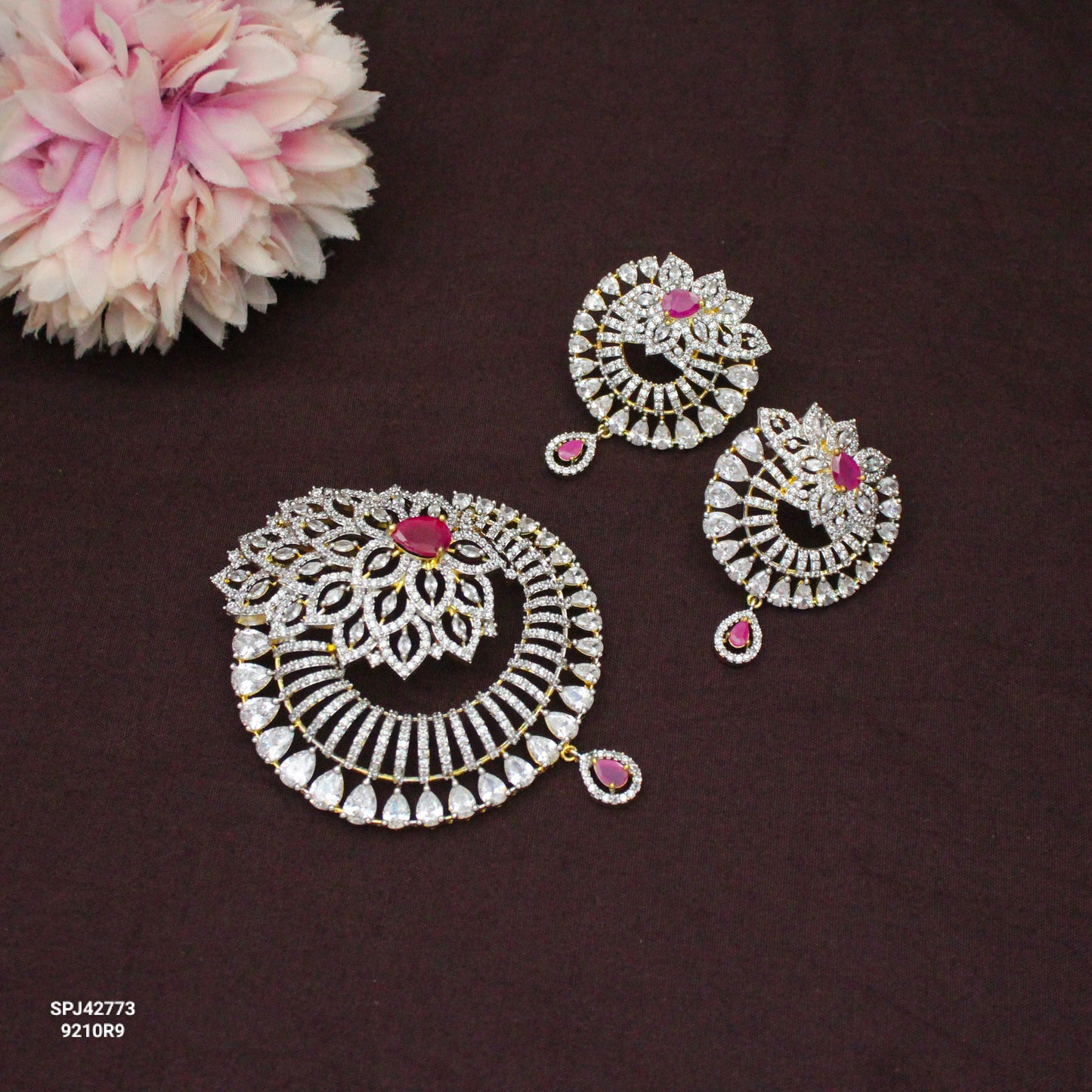 42773 Diamond Look Ruby Fancy Grand Pendant Set Non-Openable Hook Push Back Earrings