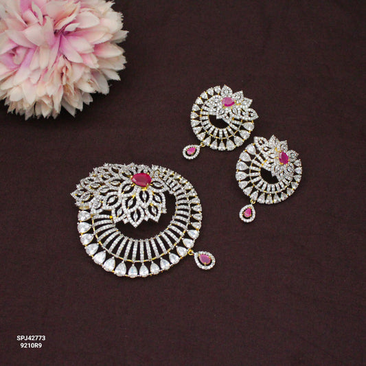 42773 Diamond Look Ruby Fancy Grand Pendant Set Non-Openable Hook Push Back Earrings