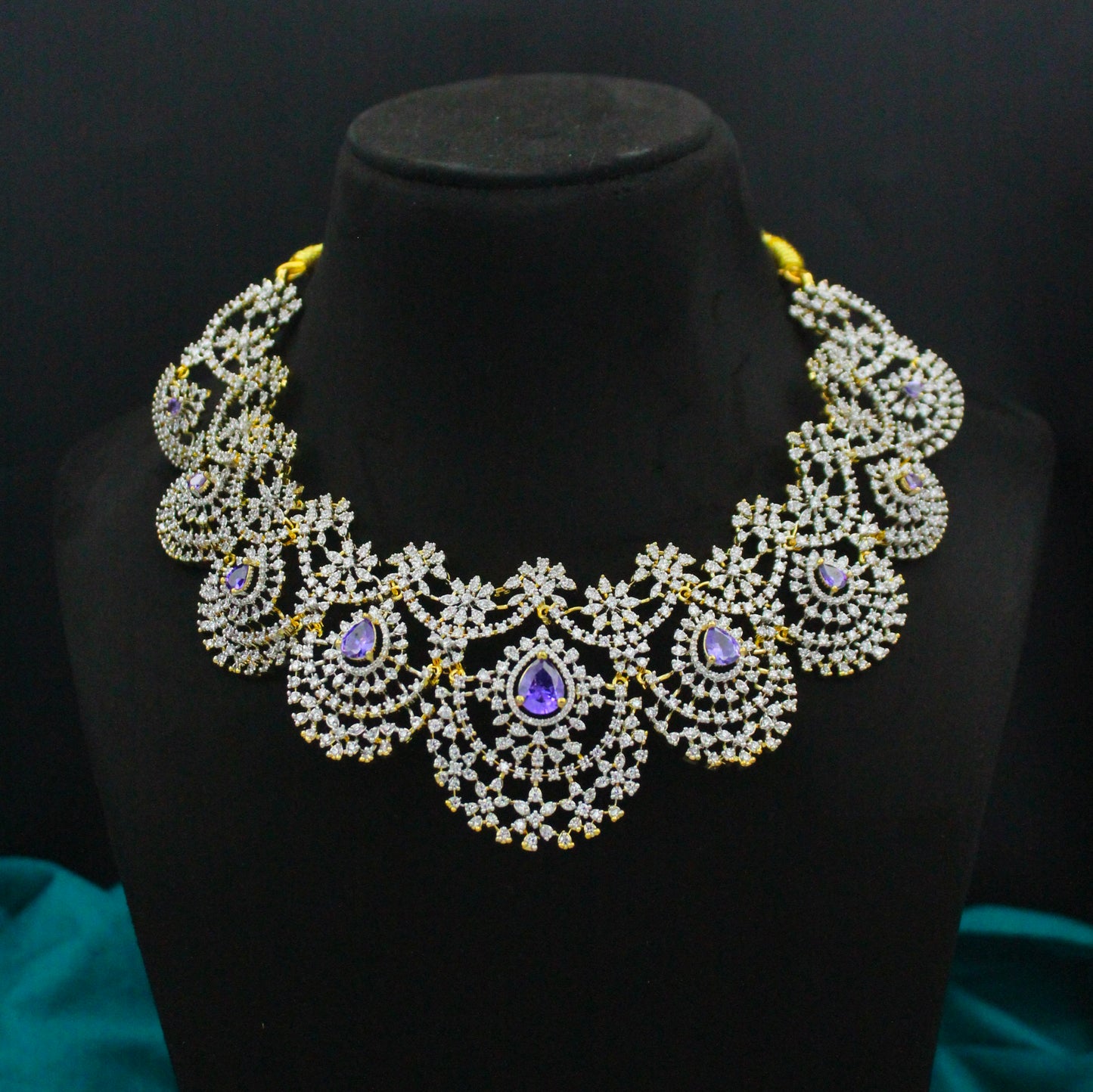 42664 Diamond Look Short Purple Broad Fancy Necklace Set With Push Back Earrings