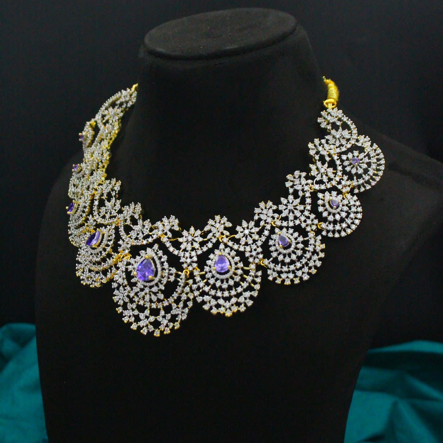 42664 Diamond Look Short Purple Broad Fancy Necklace Set With Push Back Earrings