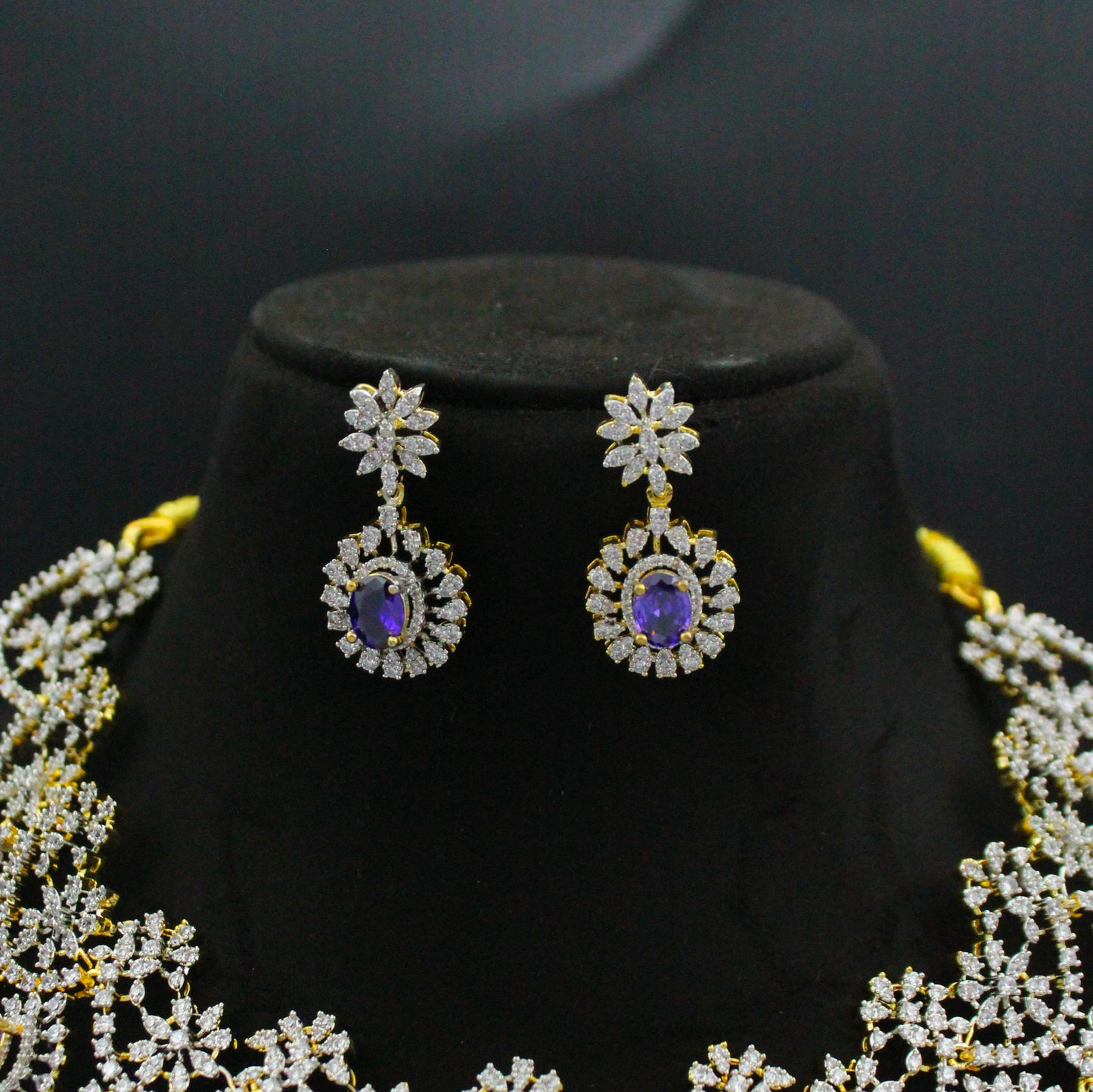 42664 Diamond Look Short Purple Broad Fancy Necklace Set With Push Back Earrings