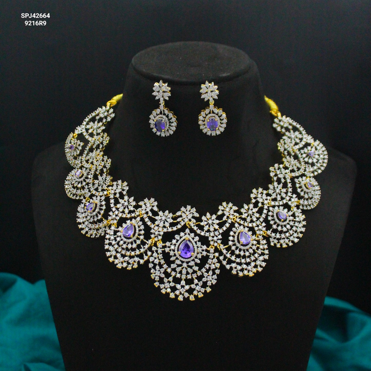 42664 Diamond Look Short Purple Broad Fancy Necklace Set With Push Back Earrings