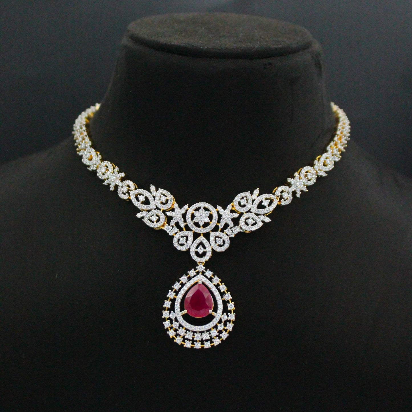 42666 GJ Ruby Short Necklace Set Push Back Earrings