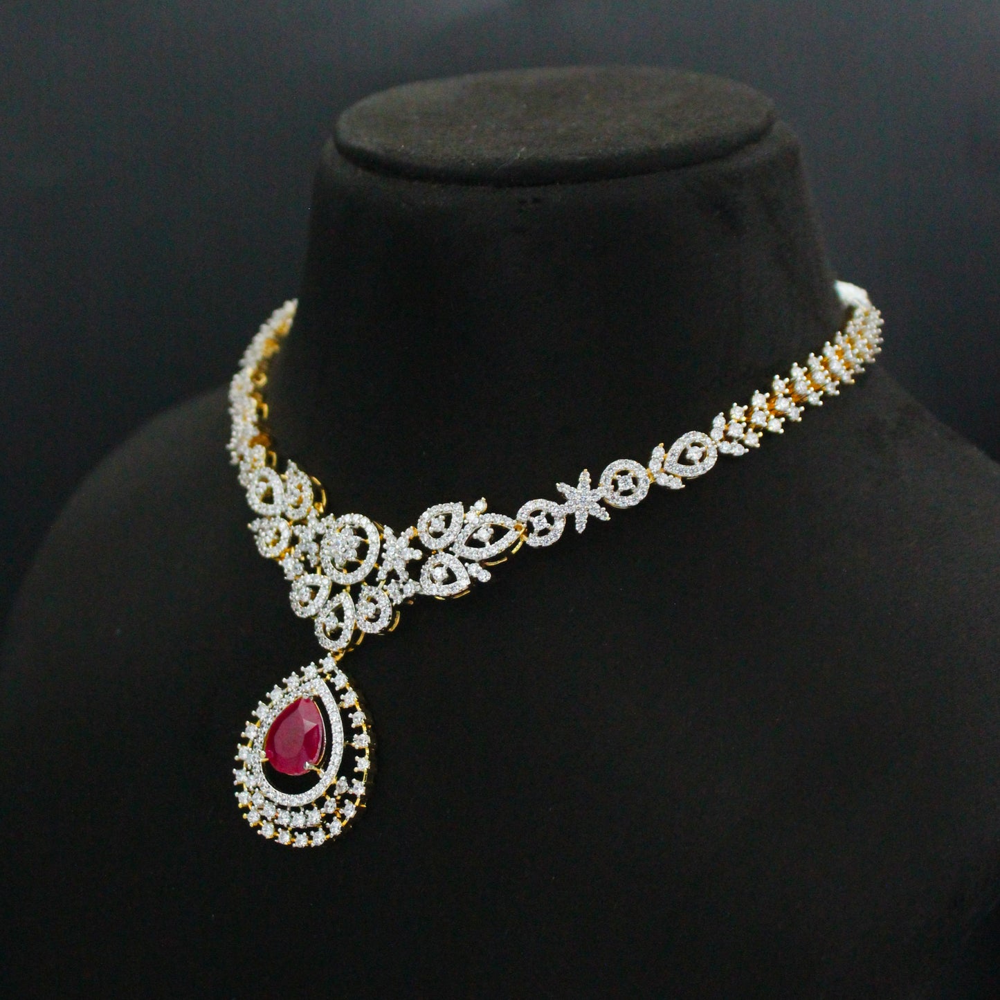 42666 GJ Ruby Short Necklace Set Push Back Earrings