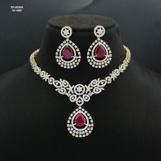 42666 GJ Ruby Short Necklace Set Push Back Earrings