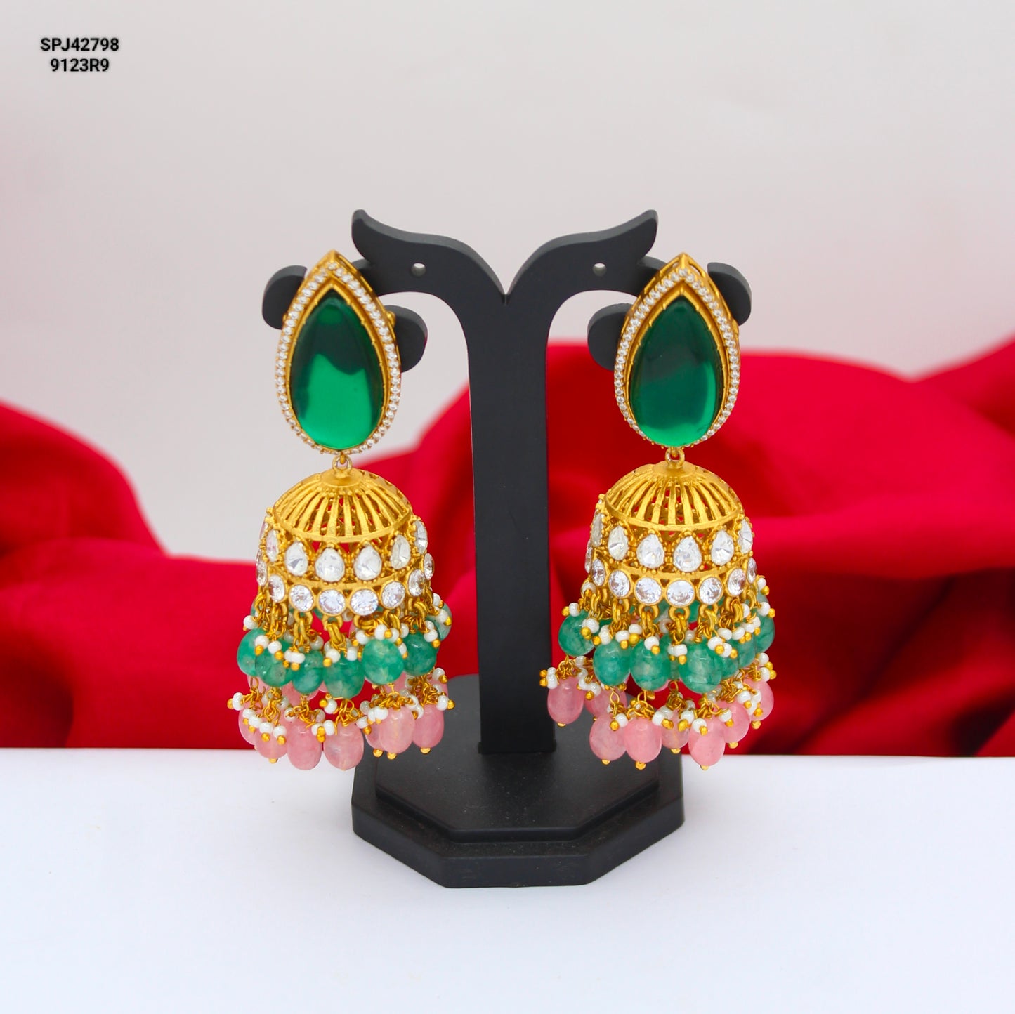 42798 Victorian Moissanite Stone Big Jhumki Green