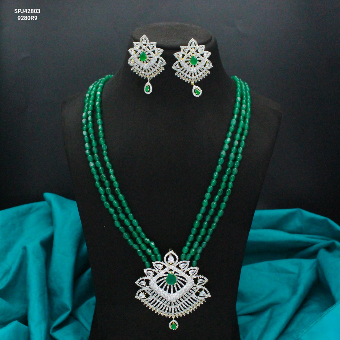 42803 3 Lines Green Beads Rani Haaram With Diamond Look Green Pendant Set