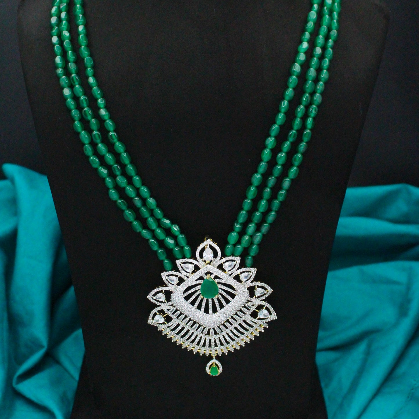 42803 3 Lines Green Beads Rani Haaram With Diamond Look Green Pendant Set