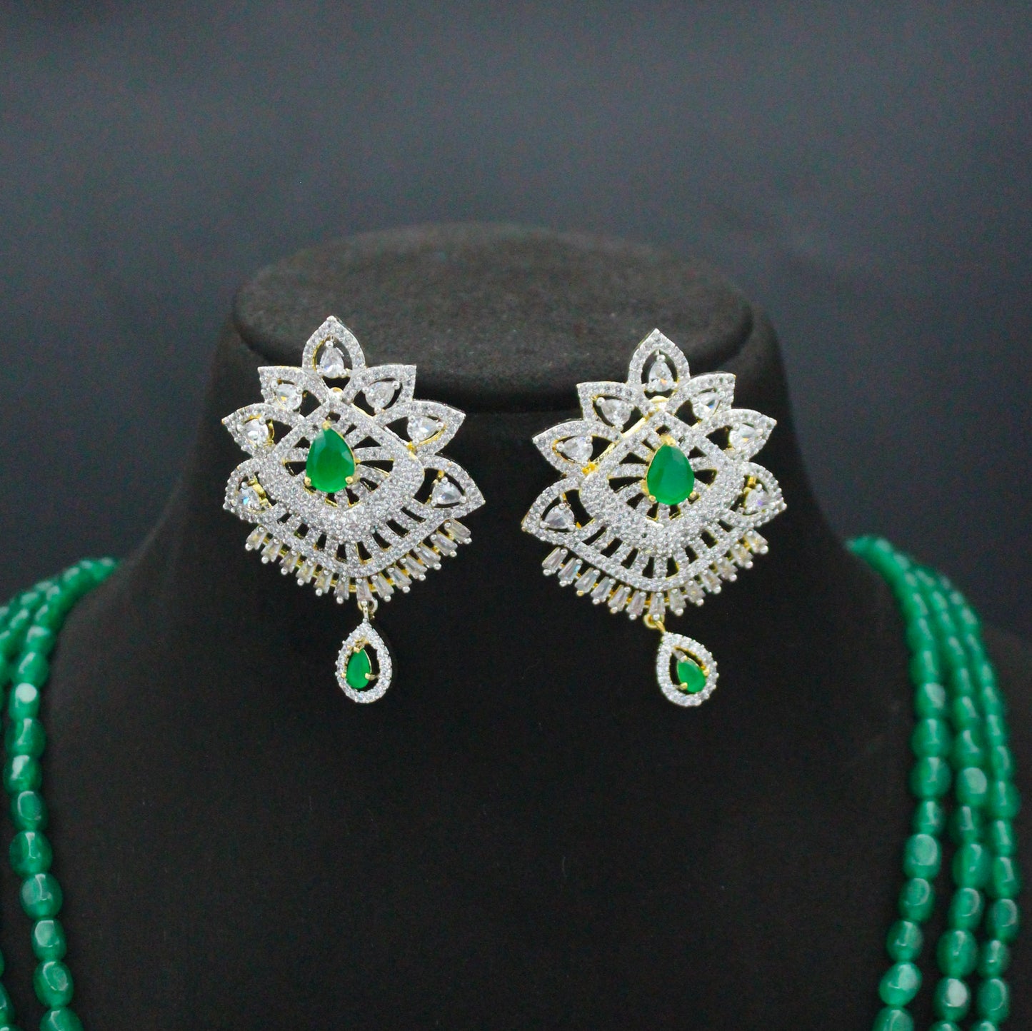 42803 3 Lines Green Beads Rani Haaram With Diamond Look Green Pendant Set