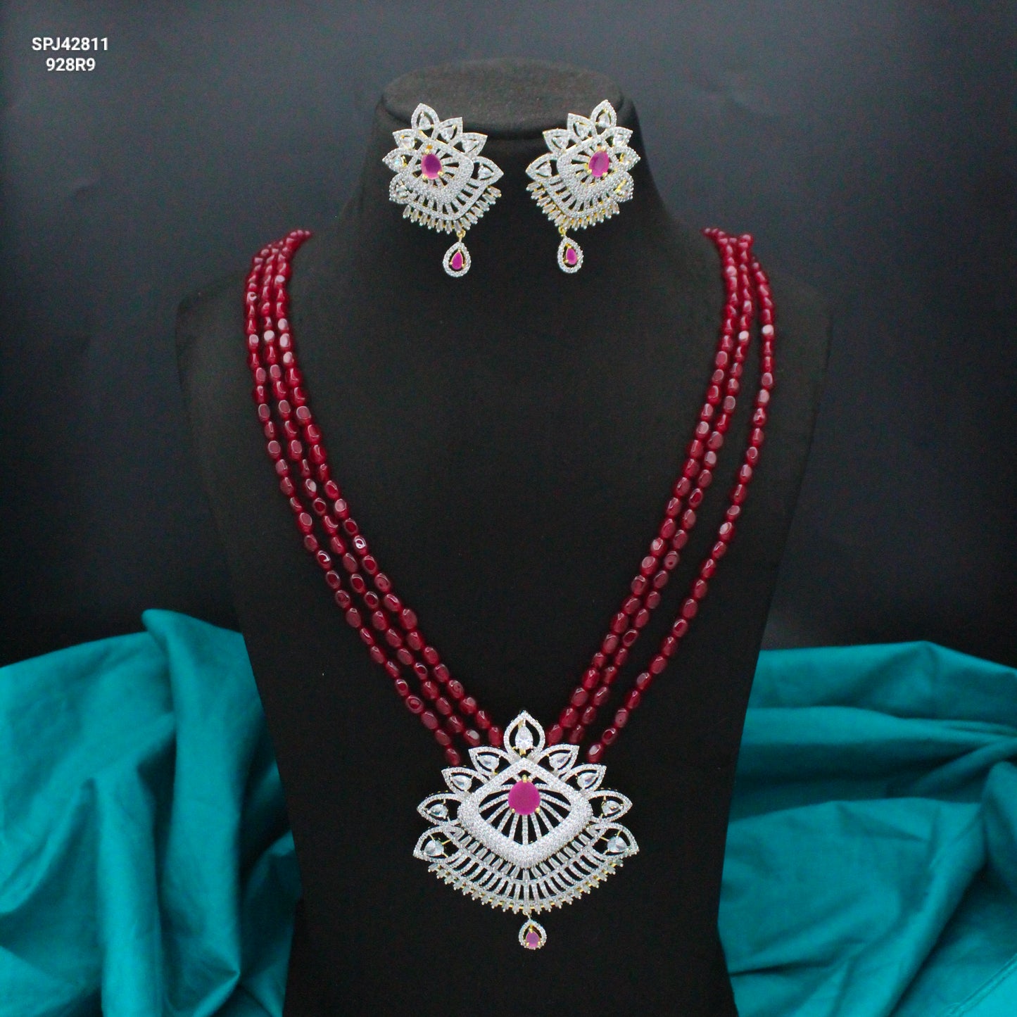42811 3 Lines Red Beads Rani Haaram With Red Diamond Look Pendant Set