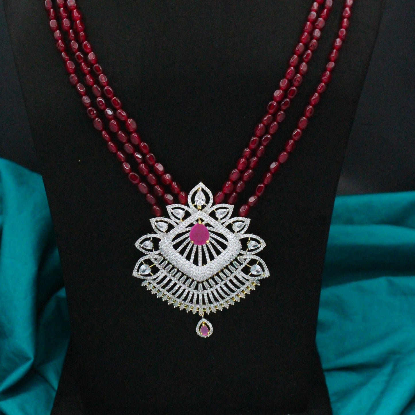 42811 3 Lines Red Beads Rani Haaram With Red Diamond Look Pendant Set