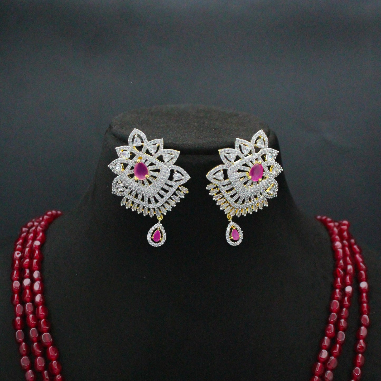 42811 3 Lines Red Beads Rani Haaram With Red Diamond Look Pendant Set