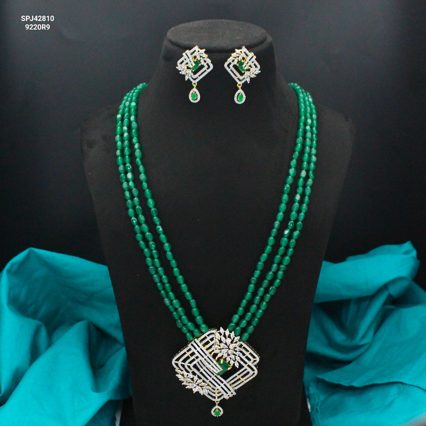 42810 3 Lines Green Beads Rani Haaram With Diamond Look Green Pendant Set