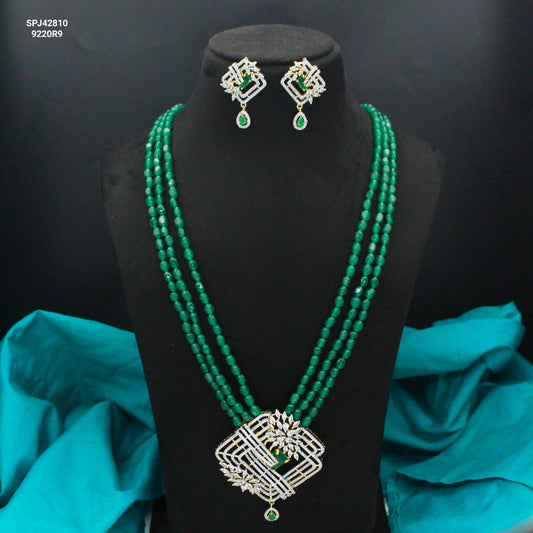42810 3 Lines Green Beads Rani Haaram With Diamond Look Green Pendant Set